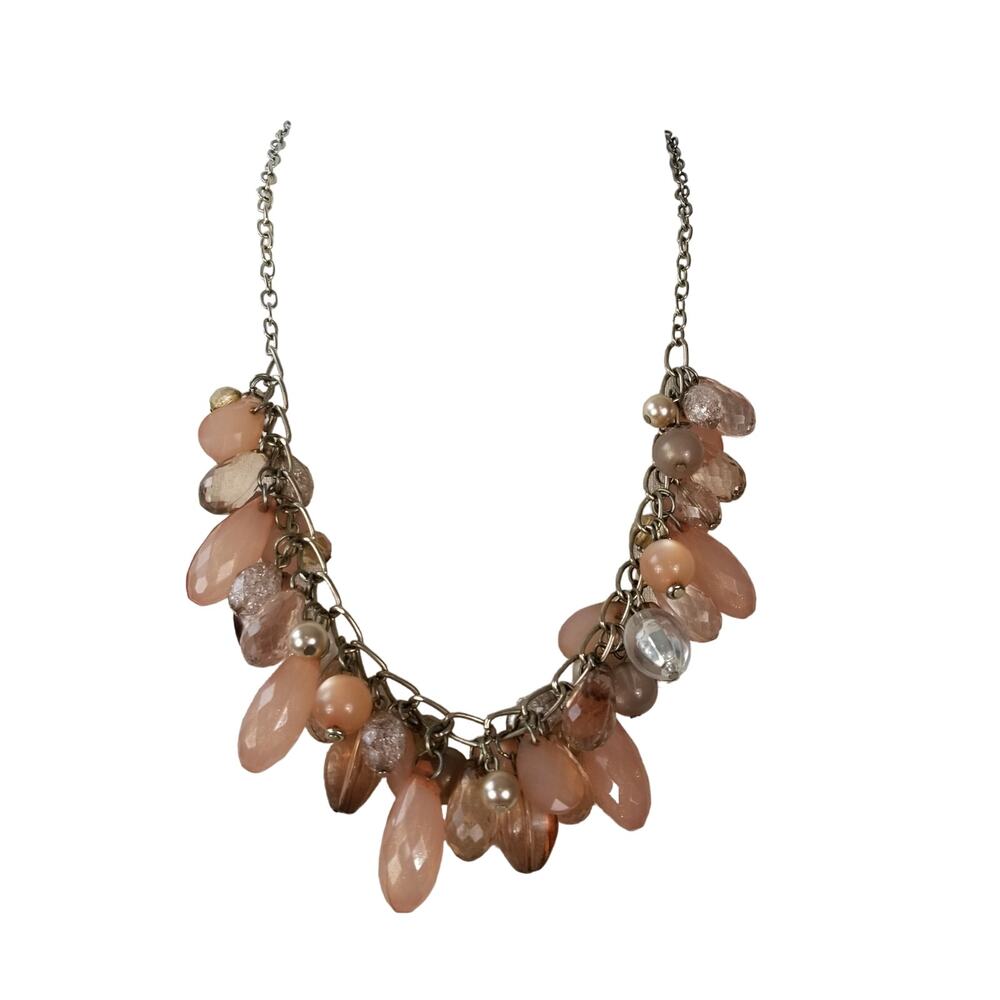 NY Peach Pink  Clear Beads Baubles Facets Silver Tone Chain Necklace Nice!